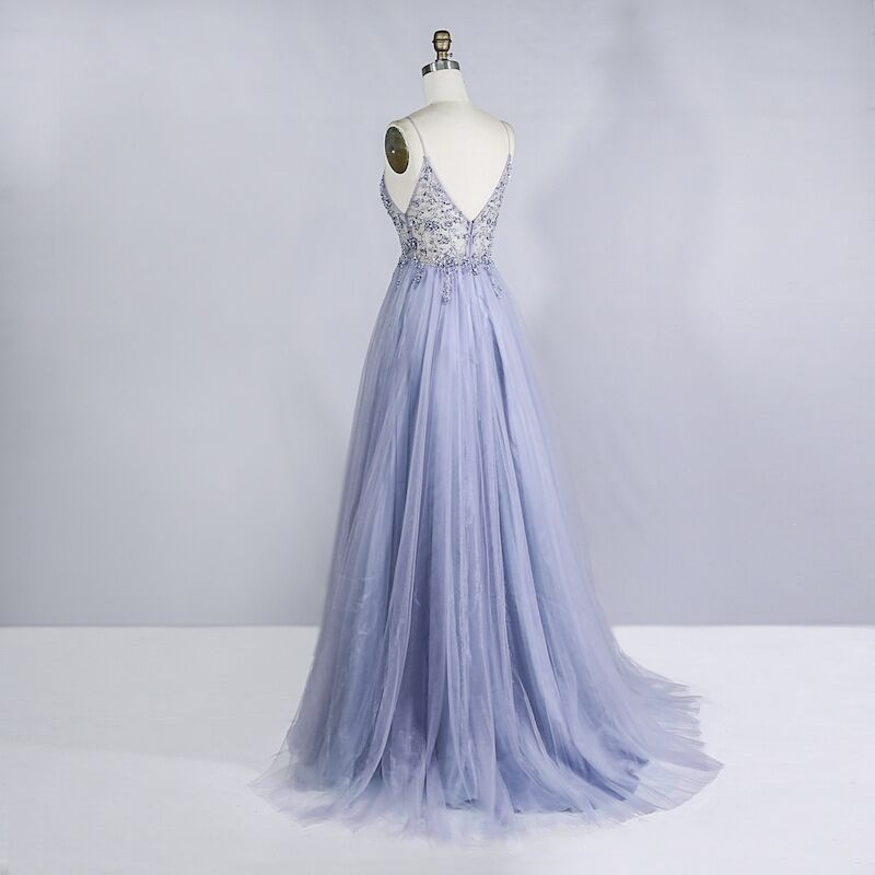 A-Line Tulle Sequin Straps Sleeveless Sweep Train Dress