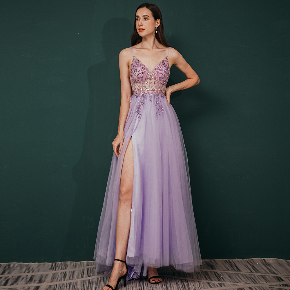 A-Line Tulle Sequin Straps Sleeveless Sweep Train Dress
