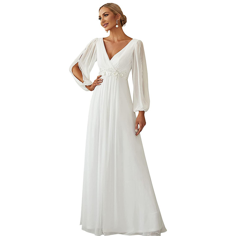 A-Line V-neck Beading Long Sleeves Chiffon Mother of the Bride Dress