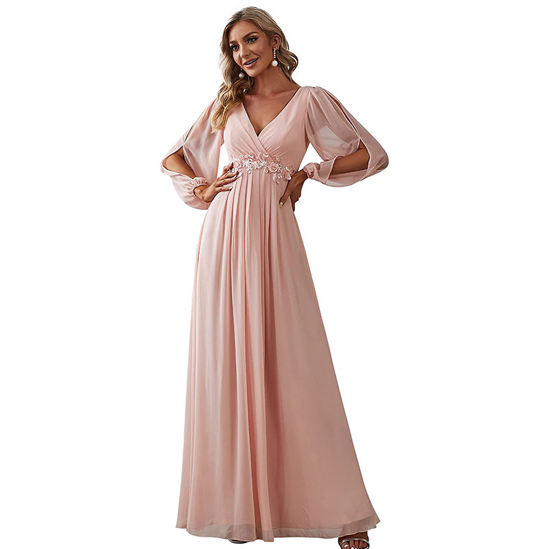 A-Line V-neck Beading Long Sleeves Chiffon Mother of the Bride Dress