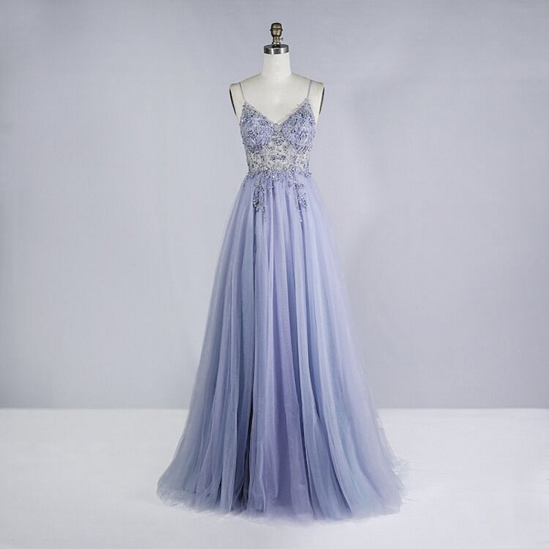 A-Line Tulle Sequin Straps Sleeveless Sweep Train Dress