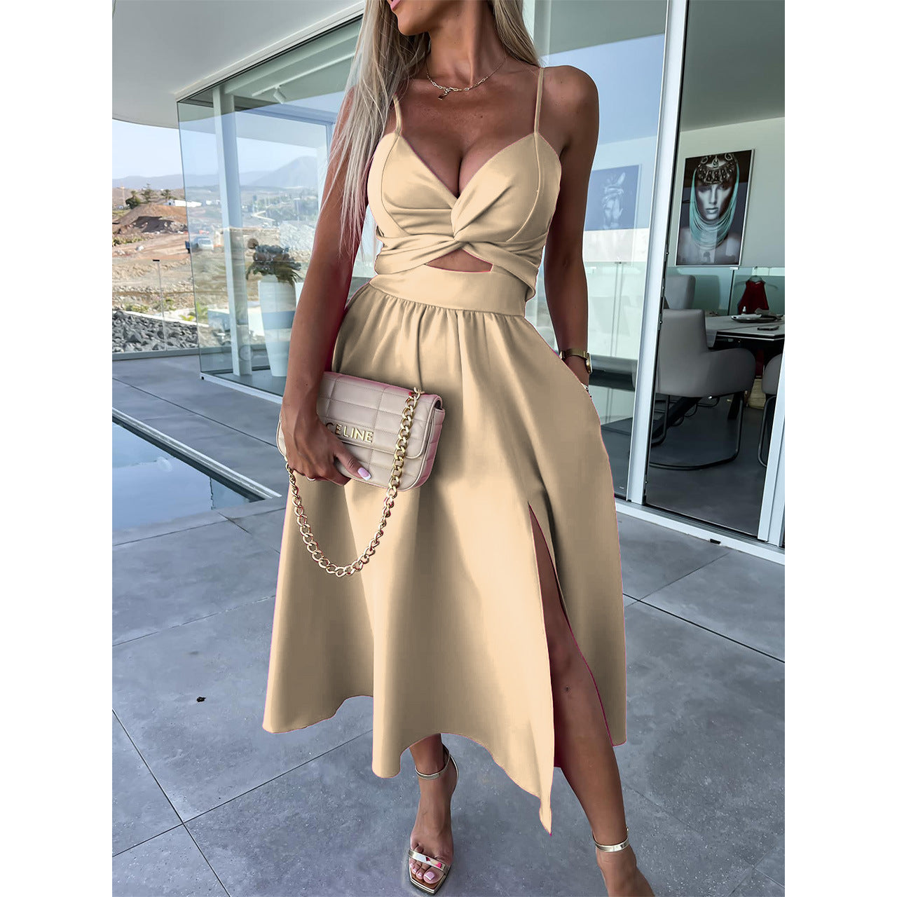 A-line Halter Chiffon Floor-length Split Front Bridesmaid Dress