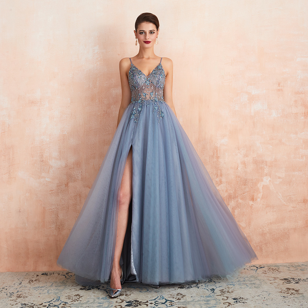 A-Line Tulle Sequin Straps Sleeveless Sweep Train Dress