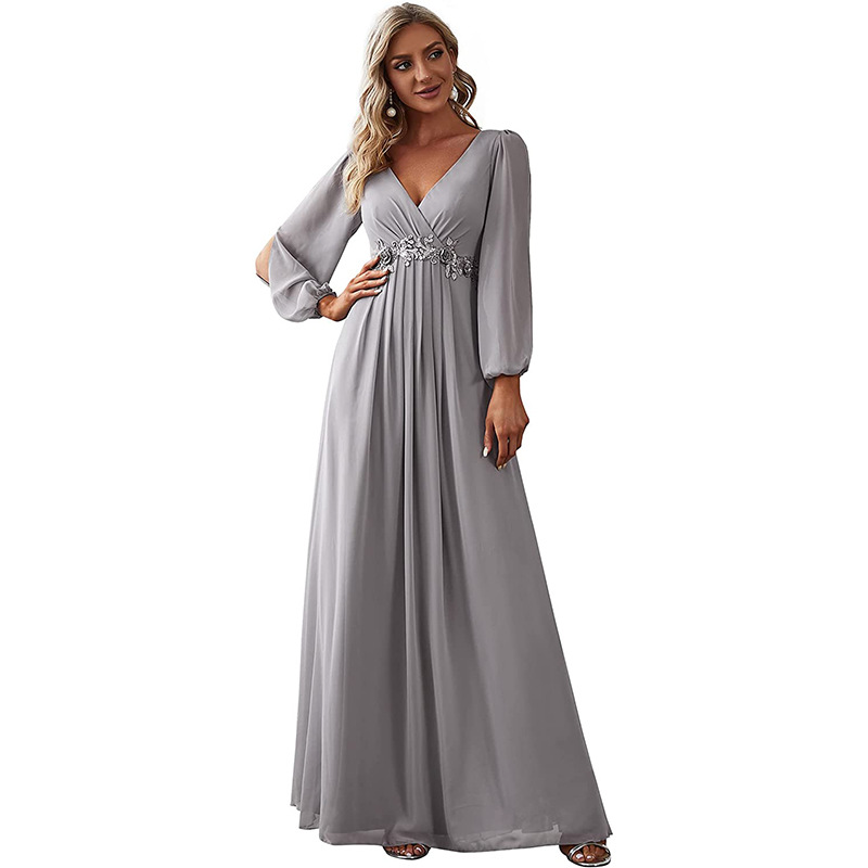 A-Line V-neck Beading Long Sleeves Chiffon Mother of the Bride Dress