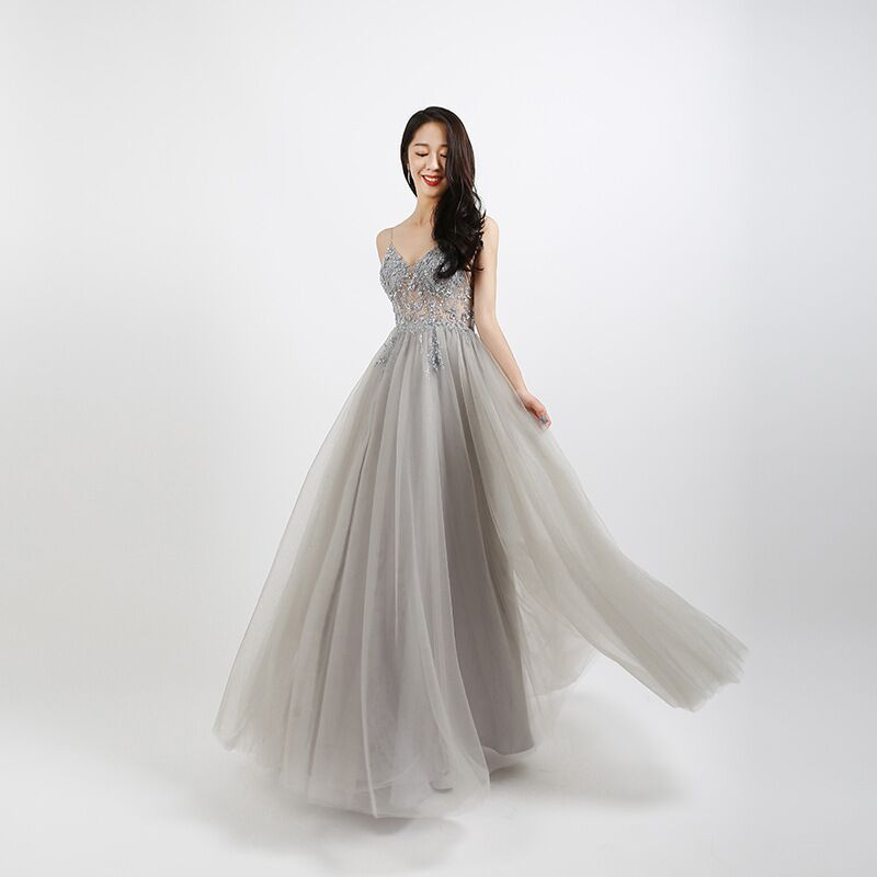 A-Line Tulle Sequin Straps Sleeveless Sweep Train Dress