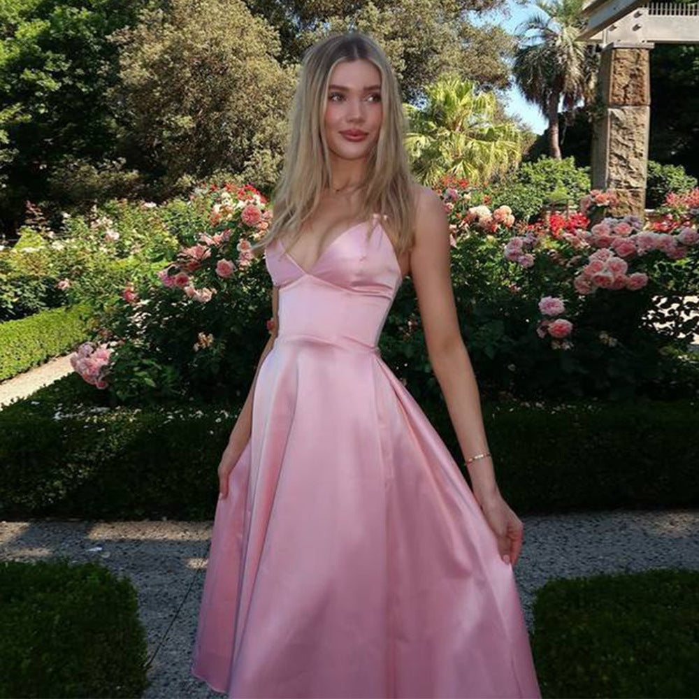 Satin A-line V-neck Floor-length Bridesmaid Dress