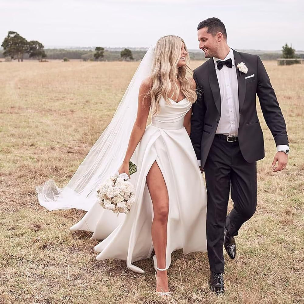 White Strapless Sleeveless Long Slit Wedding Dress