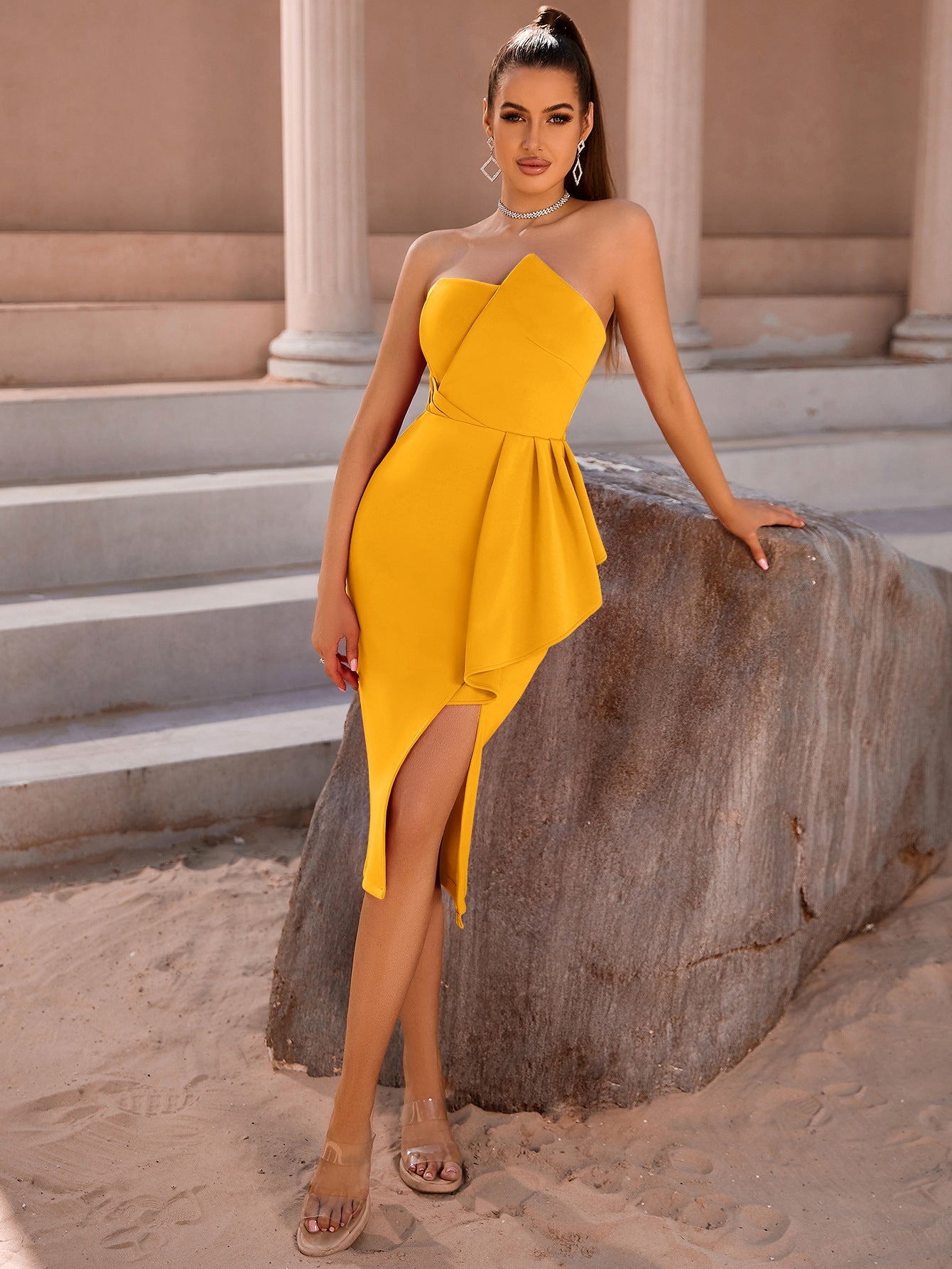 Satin Straight Tea-length Ruffles Bridesmaid Dress