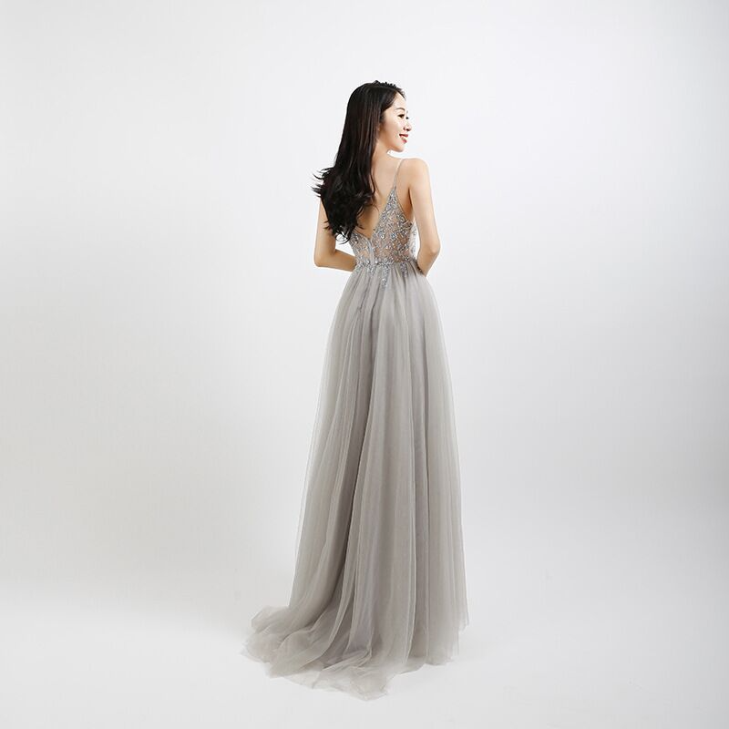 A-Line Tulle Sequin Straps Sleeveless Sweep Train Dress