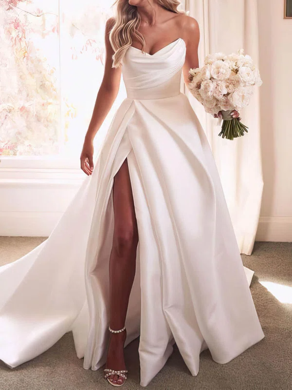 White Strapless Sleeveless Long Slit Wedding Dress
