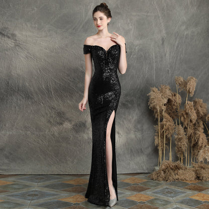 Off-Shoulder V-Neck Beading High Split Cap Sleeves Prom Evening Formal Dress