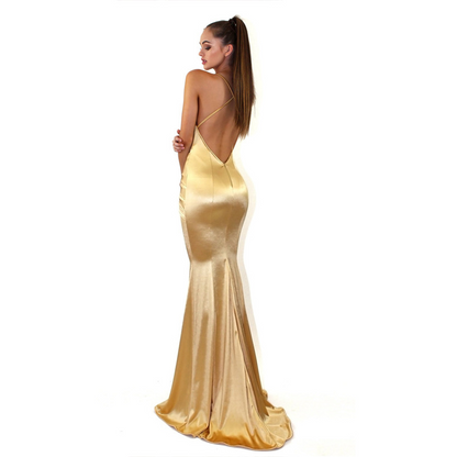 Mermaid Satin V-neck Sleeveless Sweep Train Dress