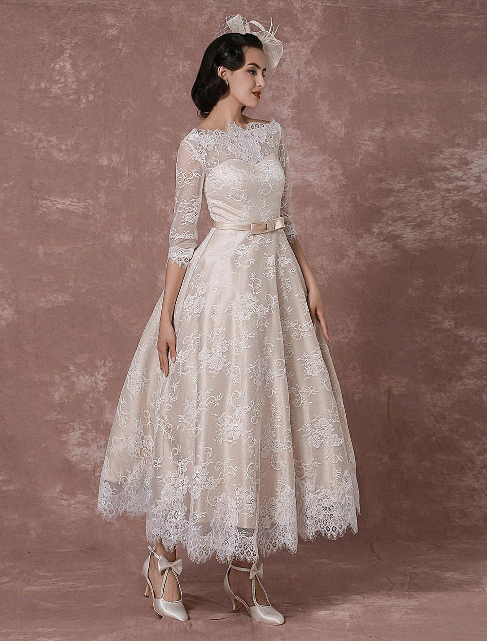 Half Sleeves A Line Backless Lace Wedding Dress