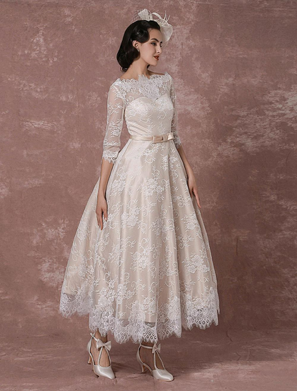 Half Sleeves A Line Backless Lace Wedding Dress