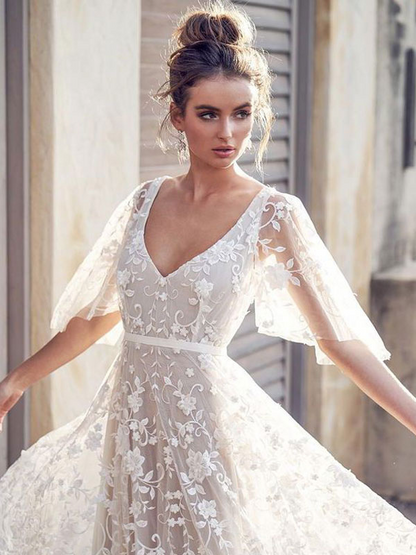 Lace V-Neck Short Sleeves Backless Boho Wedding Dress