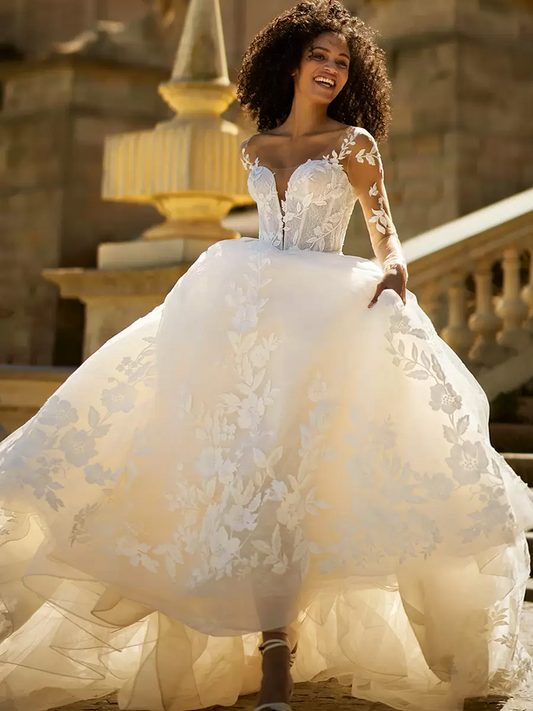 V-Neck A Line Long Sleeves Wedding Dress