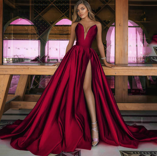 A-Line Ruffles V-neck Sleeveless Slit Brush Train Dress