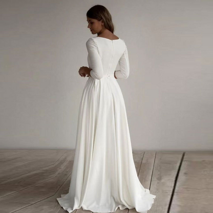 Simple White Full Sleeves Wedding Dress