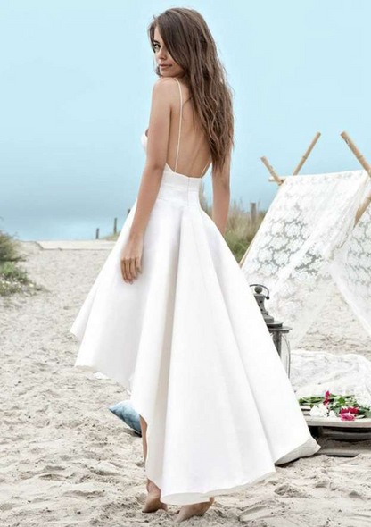 White Spaghetti Strap Sleeveless Backless Tail Wedding Dress