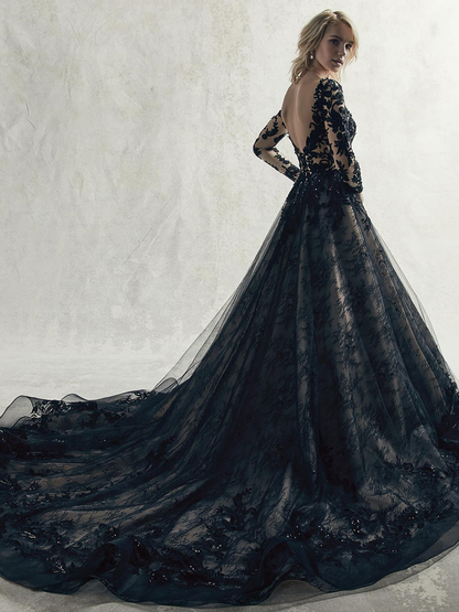 Black Lace Applique Deep V Neck Long Sleeves Wedding Dress