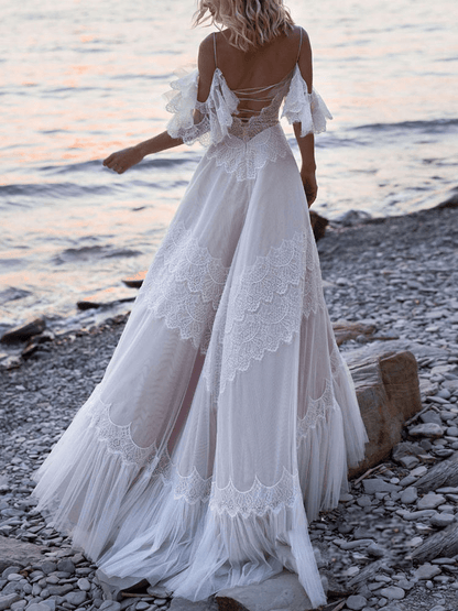 A-Line Lace Deep V Neck Off-Shoulder Sweep Train Wedding Dress