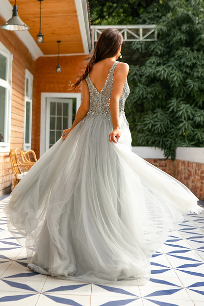 Beaded Gray V Neck Sleeveless Long Prom Dress