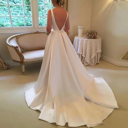 Satin White Simple Sleeveless Wedding Dress