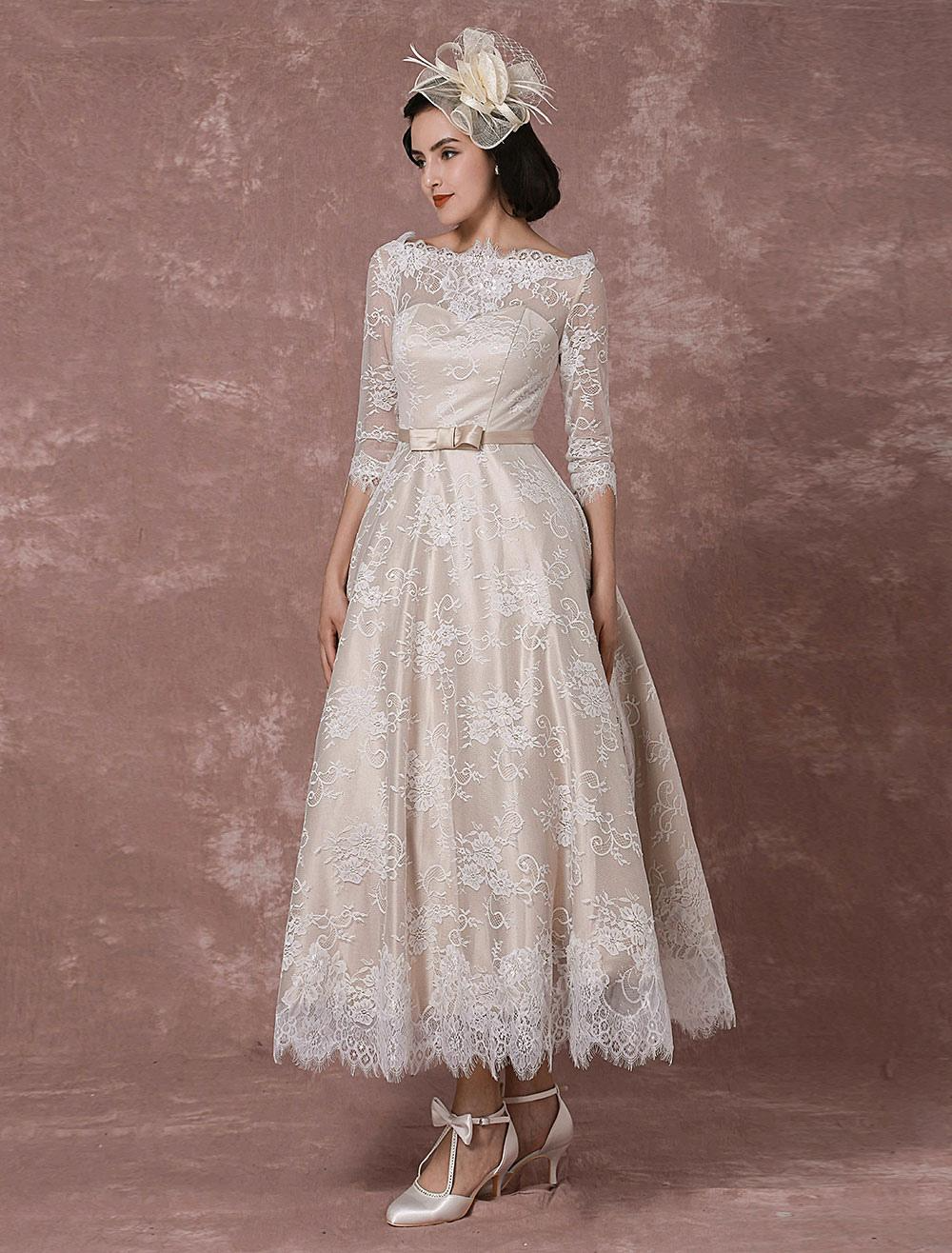 Half Sleeves A Line Backless Lace Wedding Dress