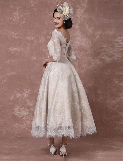Half Sleeves A Line Backless Lace Wedding Dress