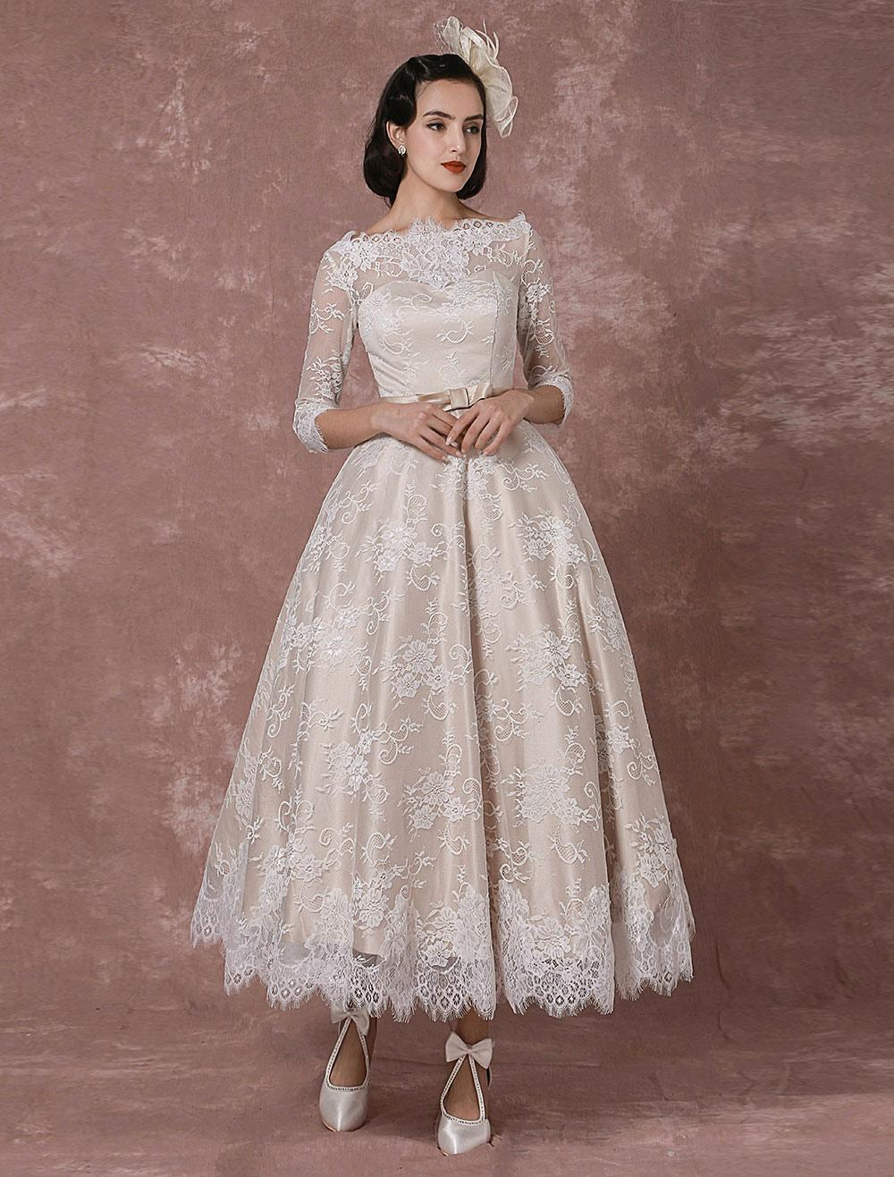 Half Sleeves A Line Backless Lace Wedding Dress