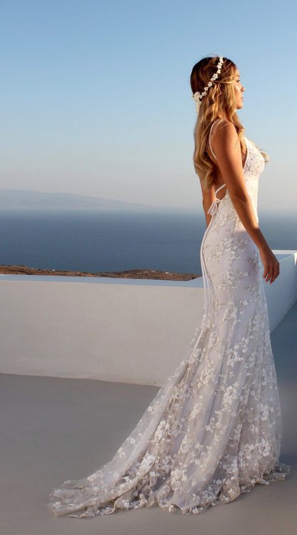 Mermaid Halter Lace Up Backless Lace Beach Wedding Dress