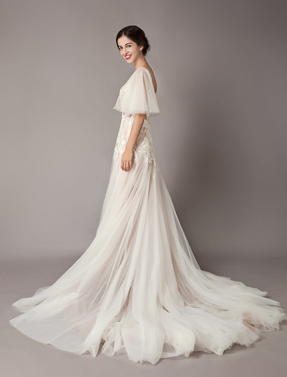 Ivory Lace Deep V Neck Short Butterfly Sleeves Wedding Dress