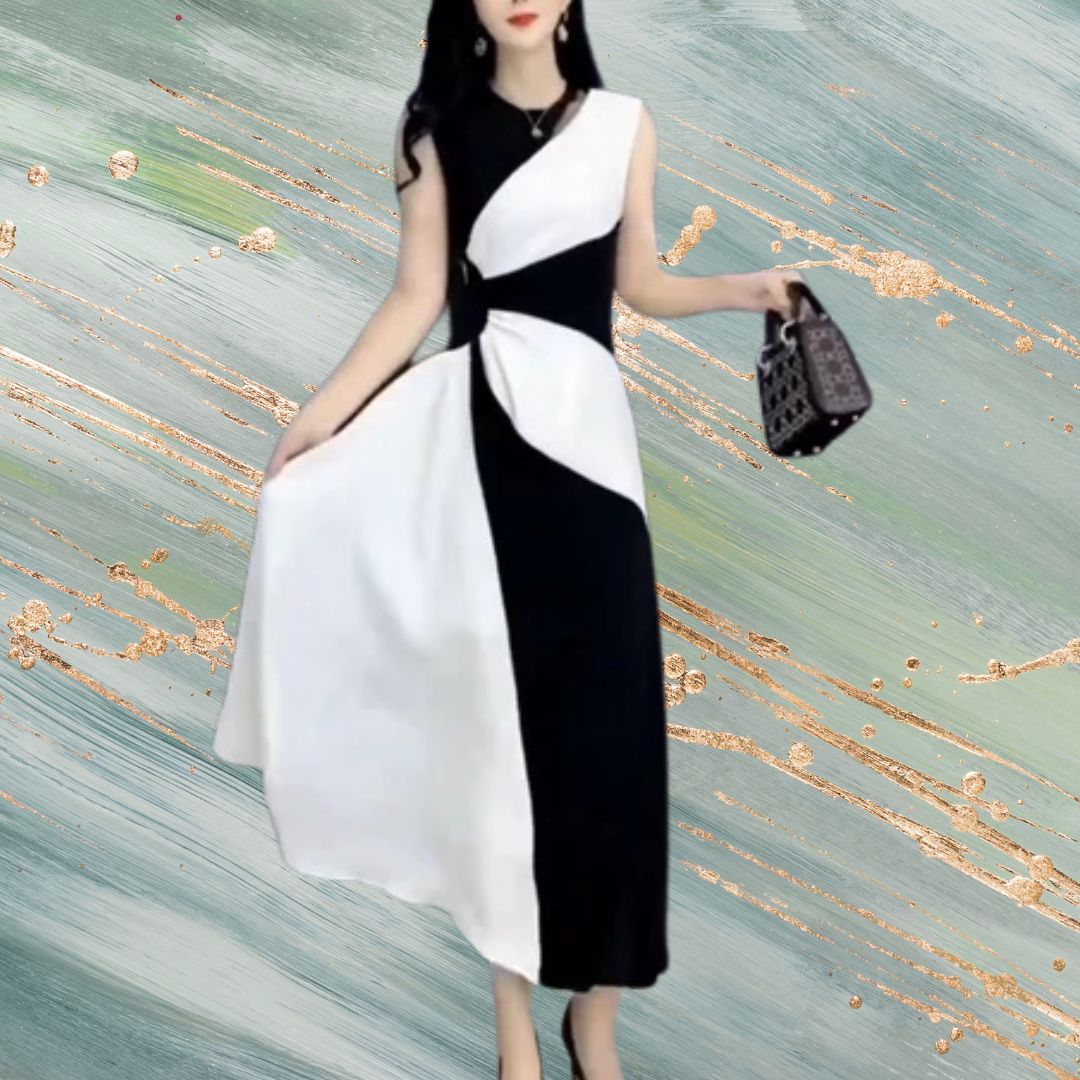 Black Patchwork Maxi Sleeveless Round Neck Dress