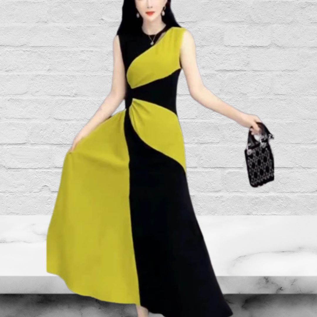 Black Patchwork Maxi Sleeveless Round Neck Dress
