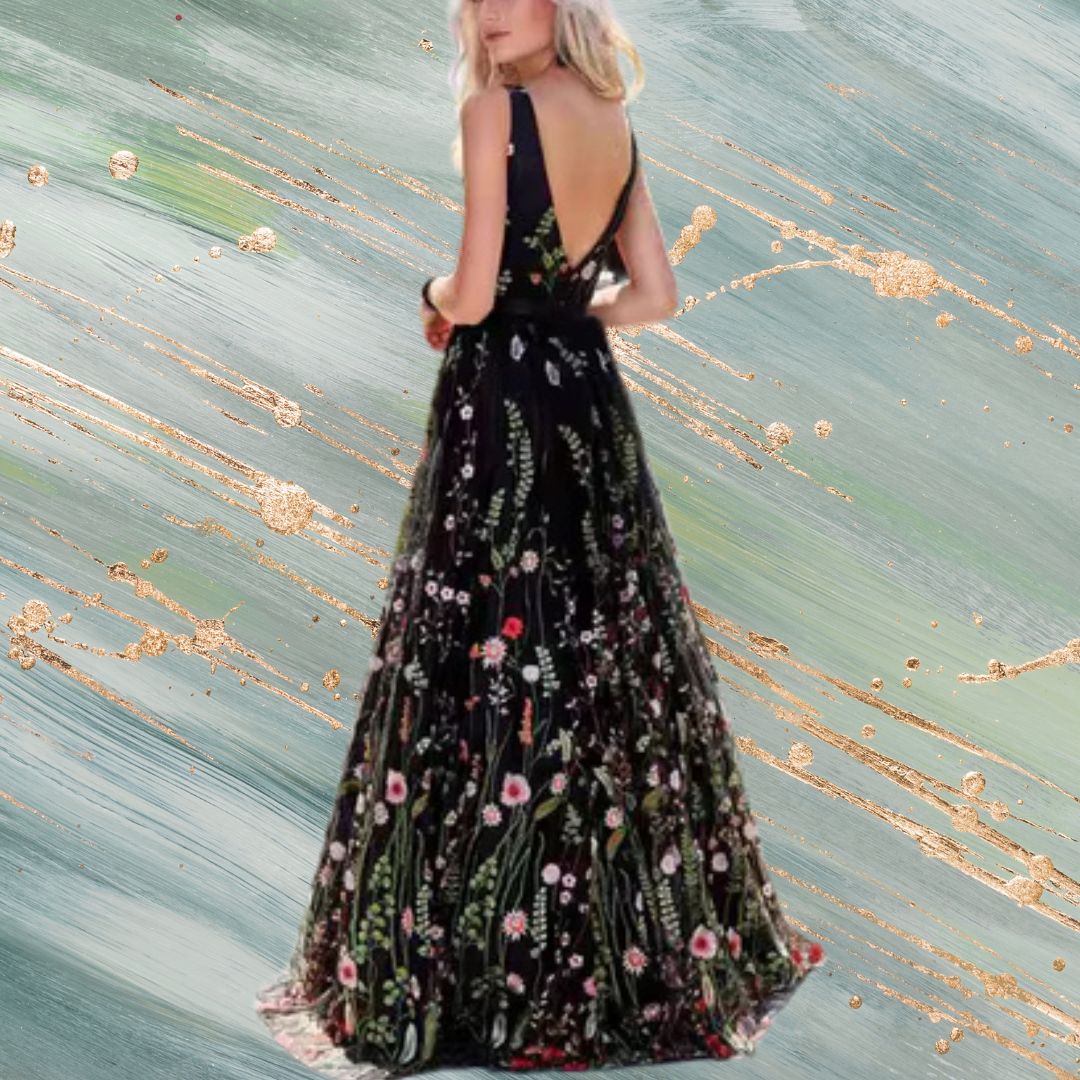 Black V-Neck Sleeveless Flower Embroidered Tulle Maxi Dress