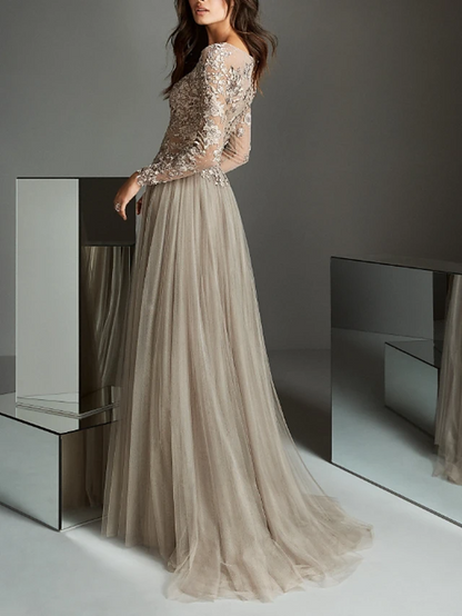 Champagne Long Sleeves Lace Detailing Applique Evening Dress