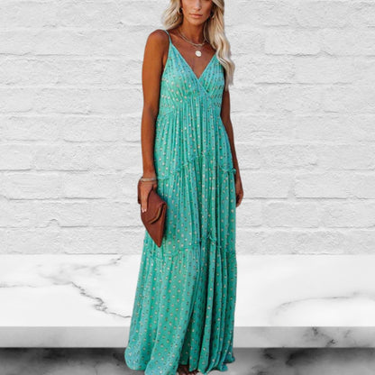 Green V-Neck Sleeveless Casual Floor Length Maxi Dress