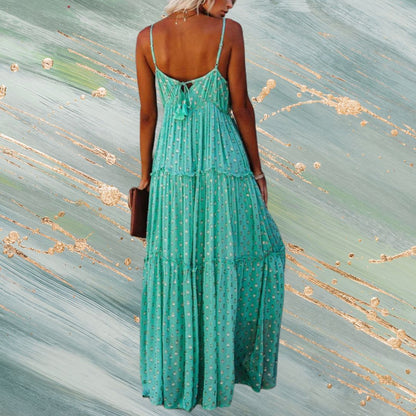 Green V-Neck Sleeveless Casual Floor Length Maxi Dress