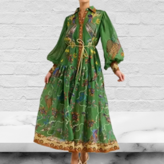 Heaven Bird Print Balloon Sleeve Midi Dress
