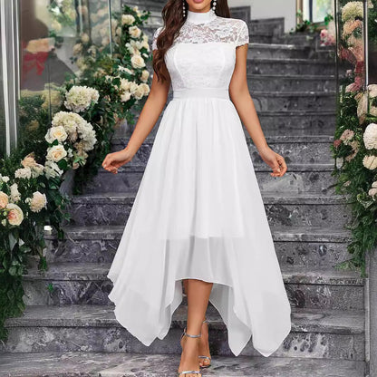 White High Collar Chiffon Lace Midi Wedding Dress