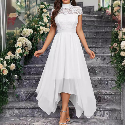 White High Collar Chiffon Lace Midi Wedding Dress