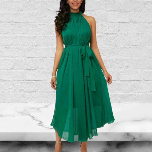 Irregular Halter Sleeveless Belted Prom Midi Dress