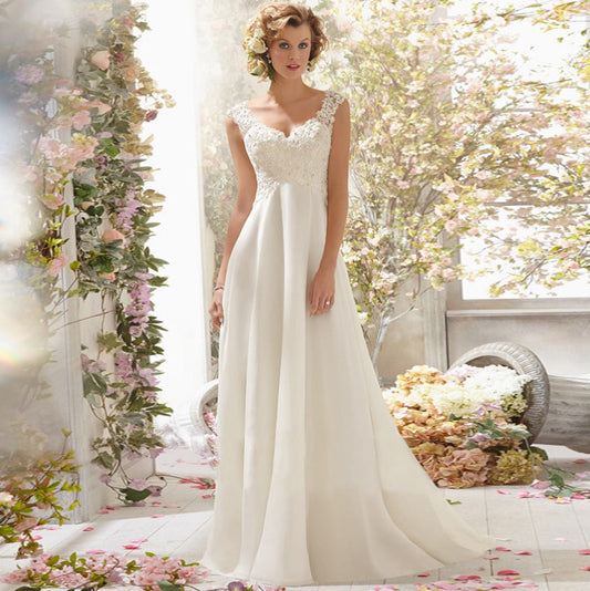 A-Line V-Neck Sleeveless Lace Flora Beaded Brush Train Wedding Dress