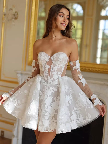 Sweetheart Neck Lace Half Sleeves Mini Wedding Dress
