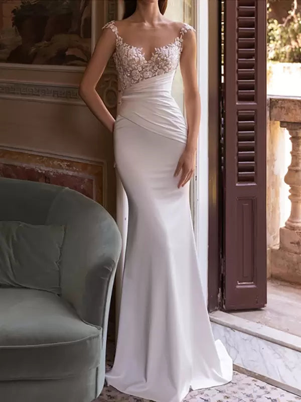 V-Neck Sleeveless Pleated Train Simple Wedding Dress