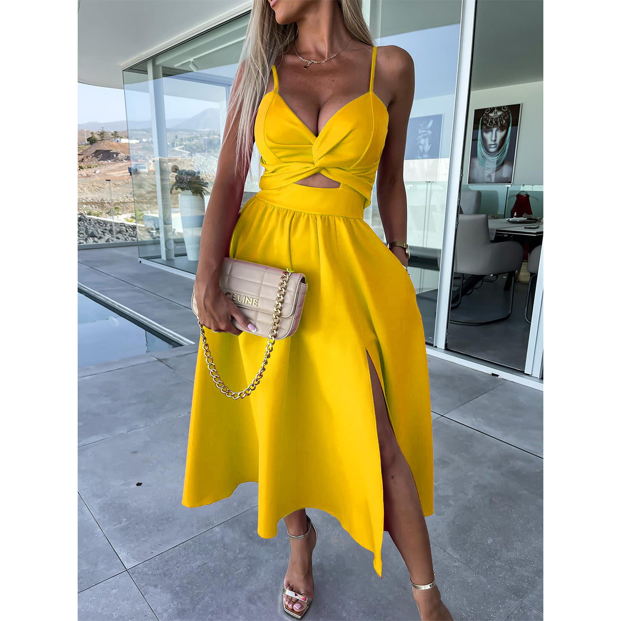 A-line Halter Chiffon Floor-length Split Front Bridesmaid Dress
