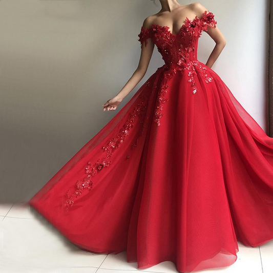 Off-the-Shoulder Sleeveless Applique Floor-Length Dress
