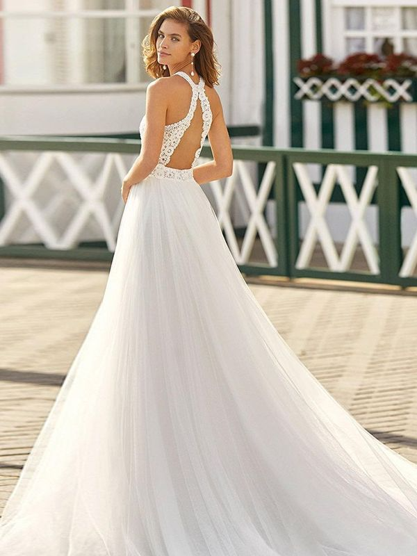 High Neck Sleeveless Lace Wedding Dress