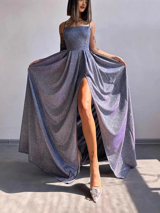 Princess Spaghetti Straps Sleeveless Slit Brush Train Dress