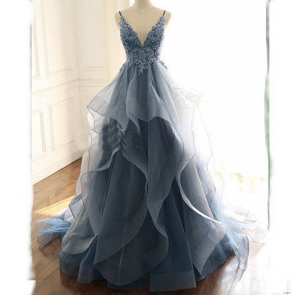 Princess V-neck Tulle Ruffle Prom Dress With Appliques